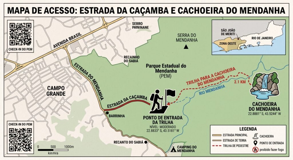 mapa com o acesso pela Estrada da Caçamba e o ponto de entrada da trilha