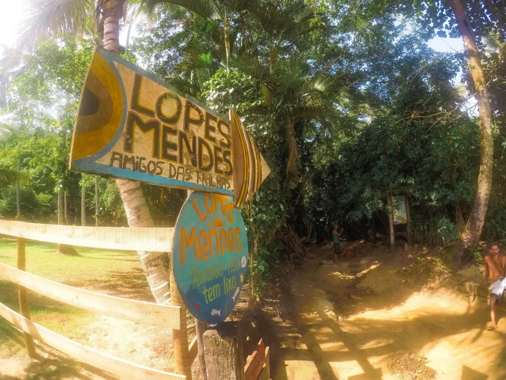 Trilha de terra e raízes entre a Praia do Pouso e Lopes Mendes, sob a sombra densa da Mata Atlântica em Ilha Grande
