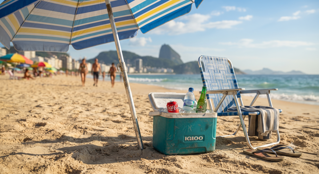 um cooler com bebidas geladas ao lado de uma cadeira de praia