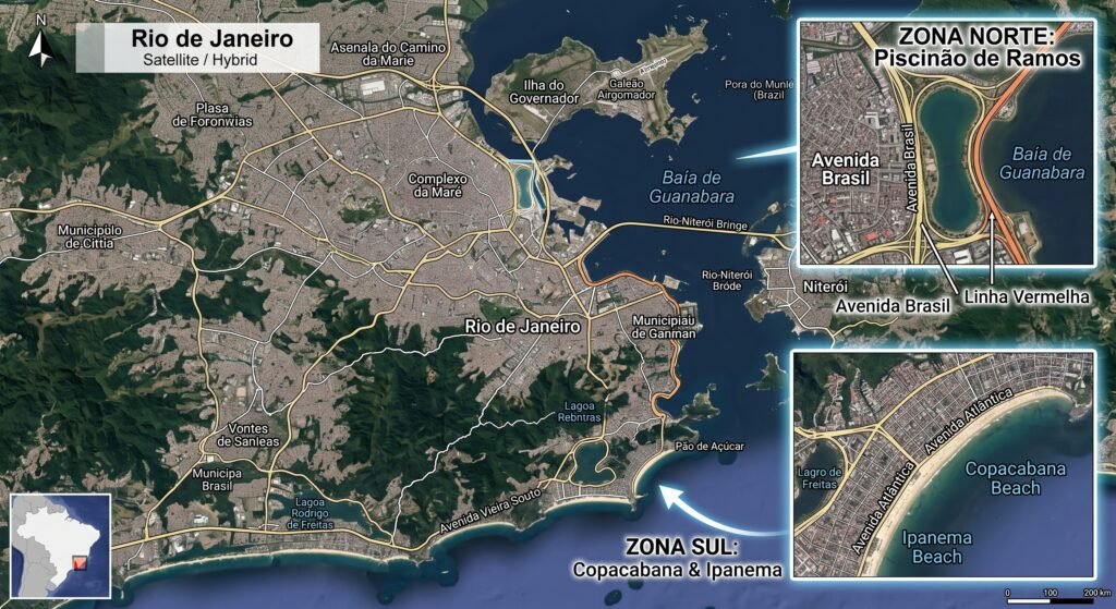 mapa do rio com foco na diferença de lugares entre o Piscinão de Ramos e zona sul